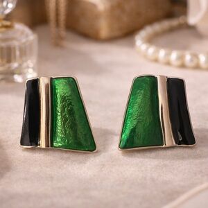Vintage Green & Black Enamel Geometric Earrings | Silver Tone Statement Studs